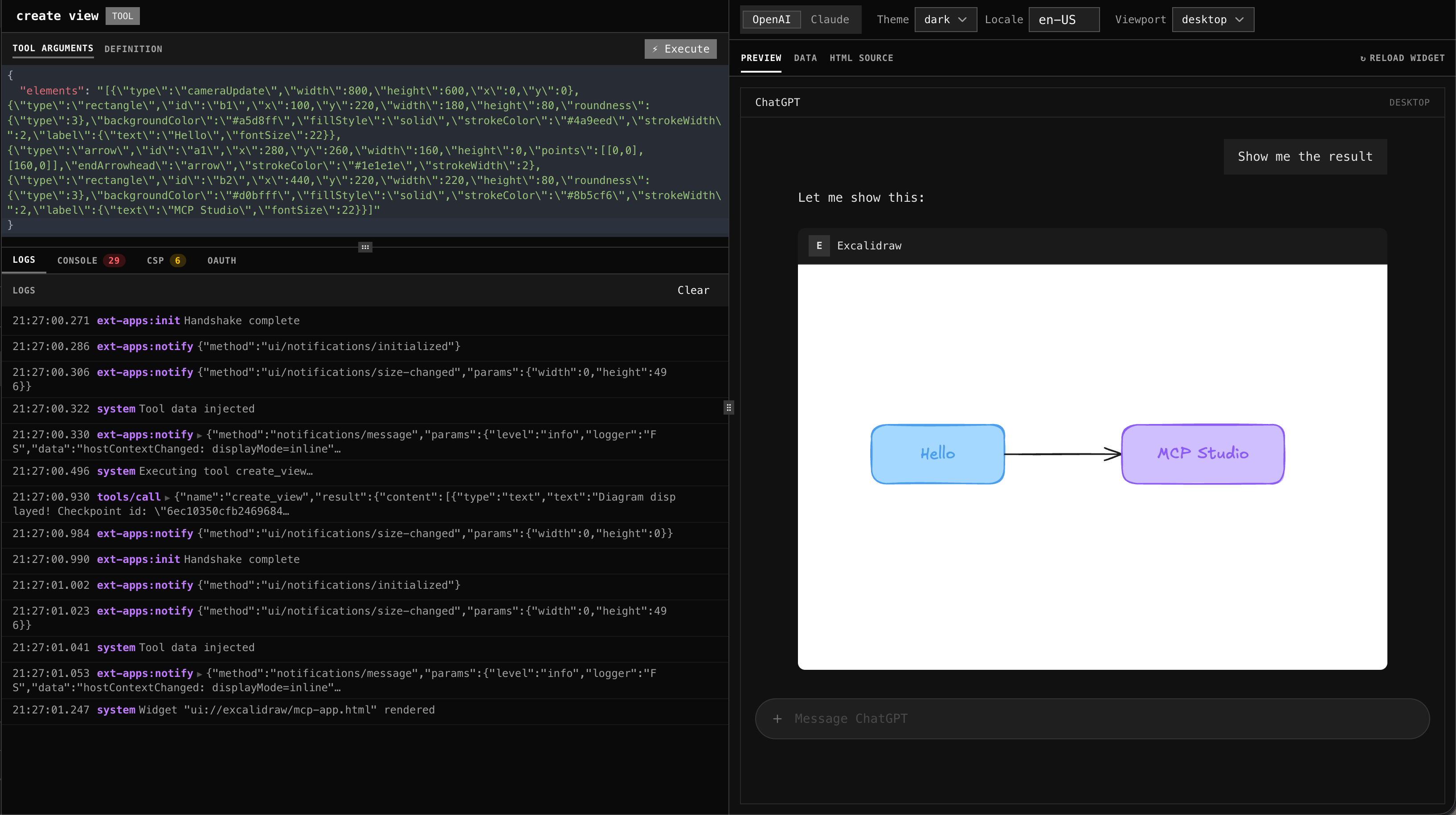 create_view result rendered in MCP Studio