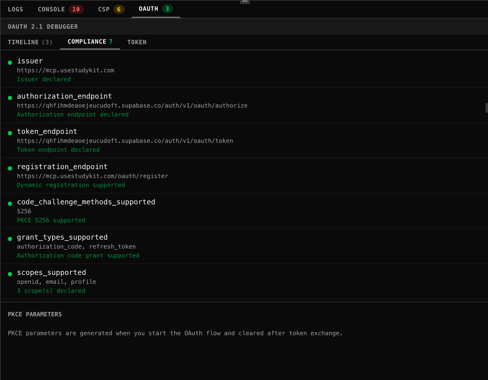 OAuth debugger compliance tab