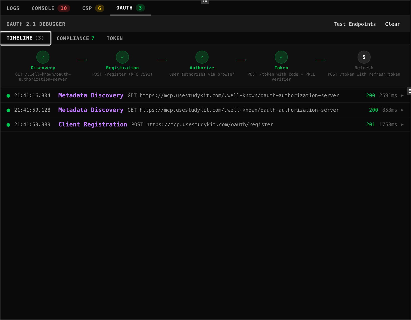 OAuth debugger timeline tab