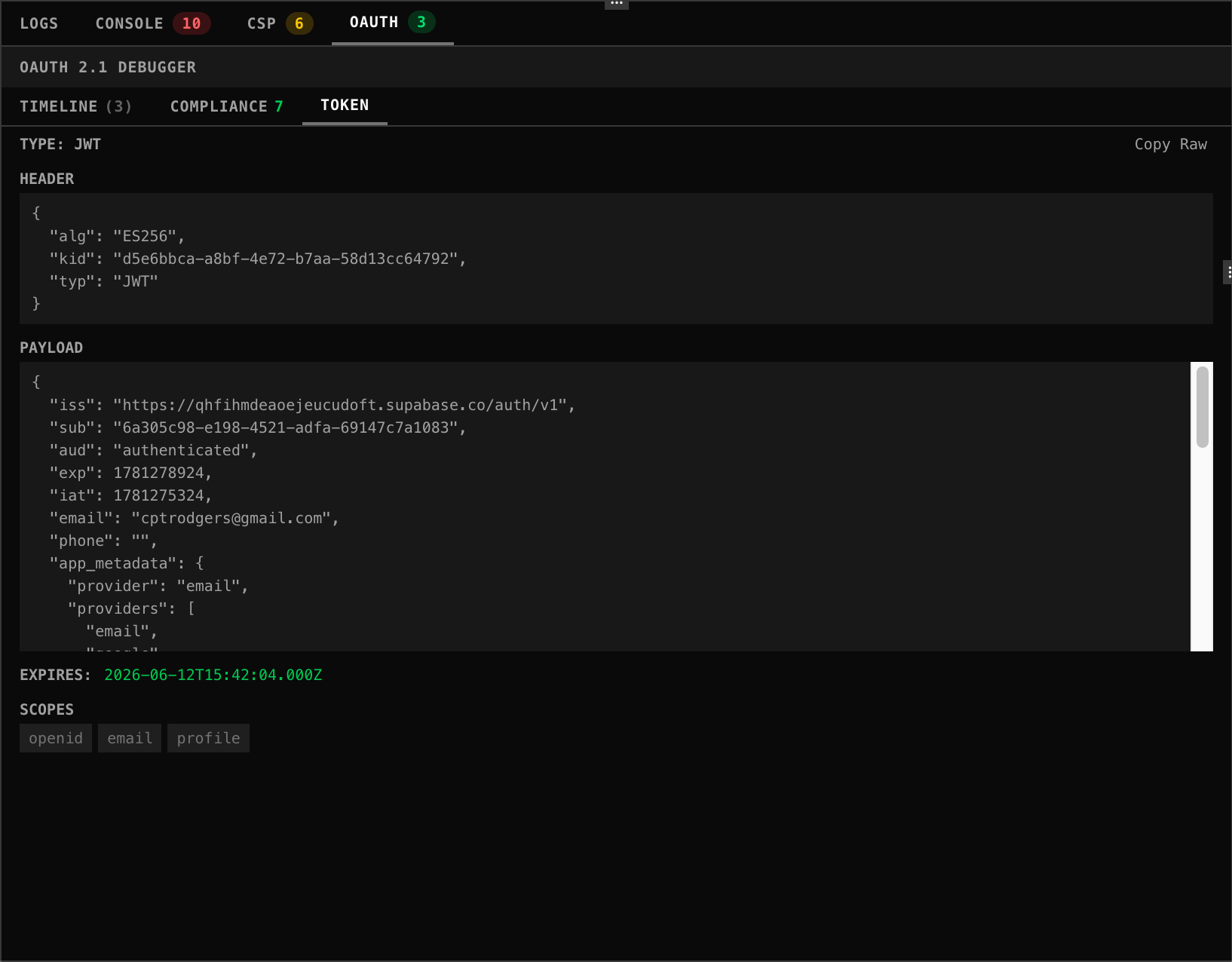 OAuth debugger token tab