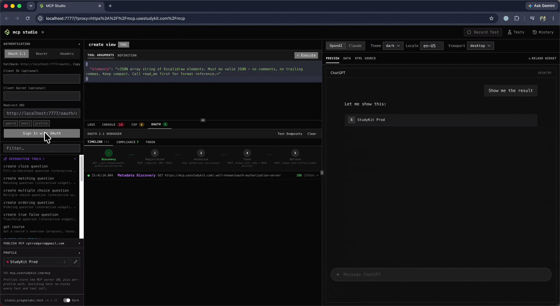 OAuth 2.1 connection flow in MCP Studio