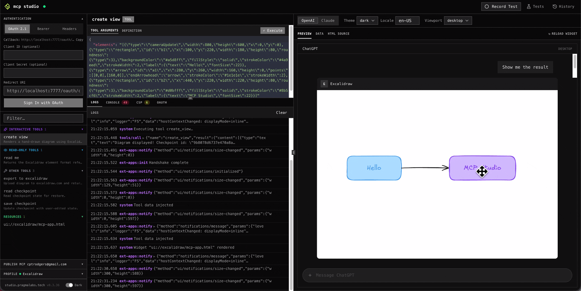 Interacting with a widget in MCP Studio