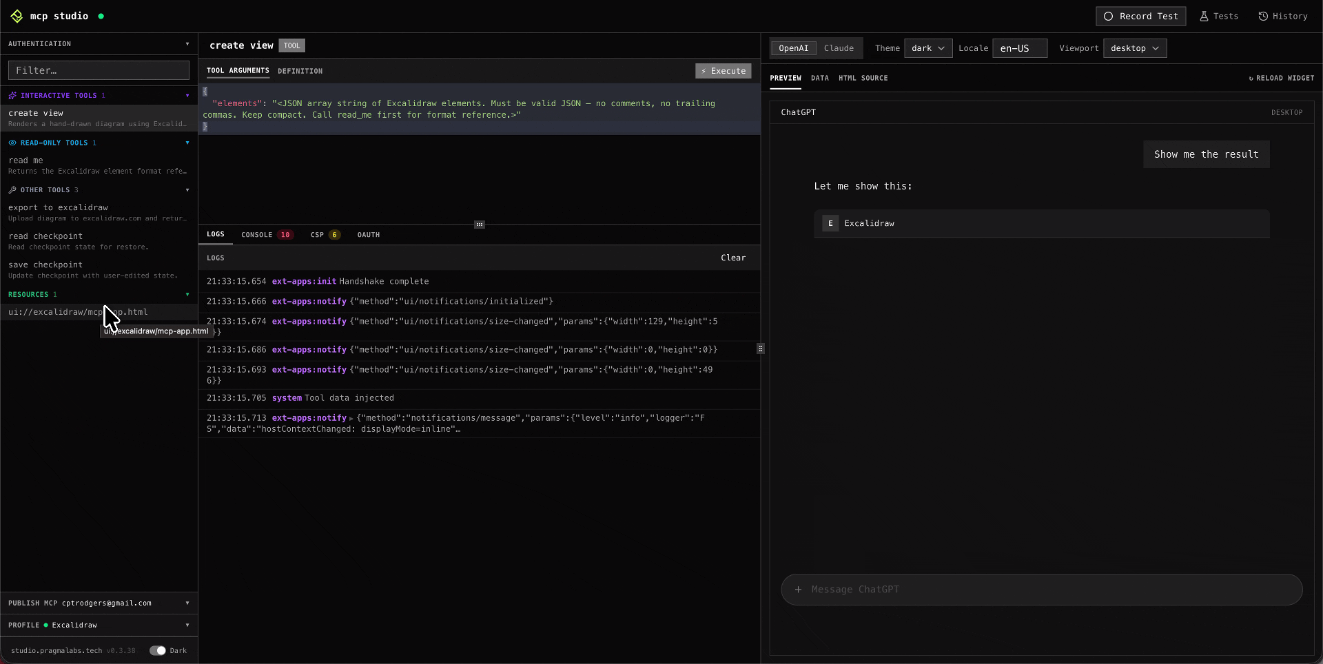 Reading a resource and interacting with the widget in MCP Studio